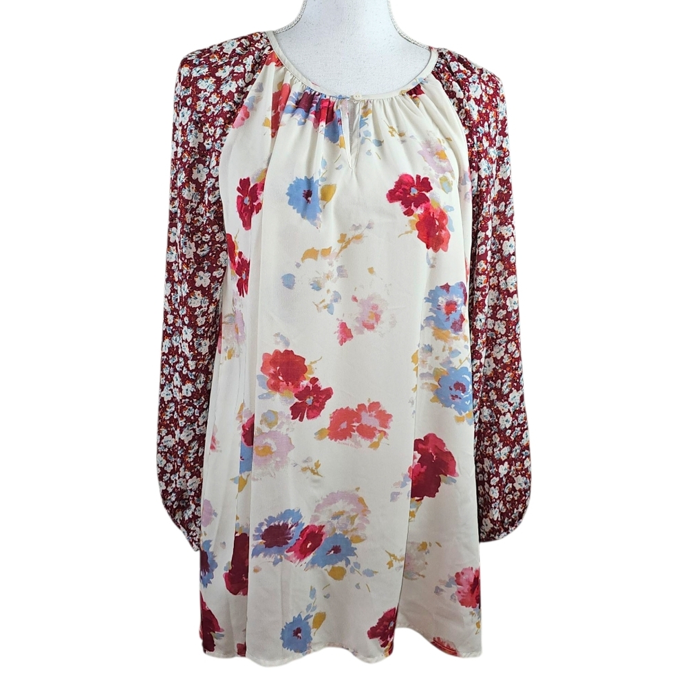 Suzanne Betro Floral Semi Sheer Peasant Tunic Top In Large